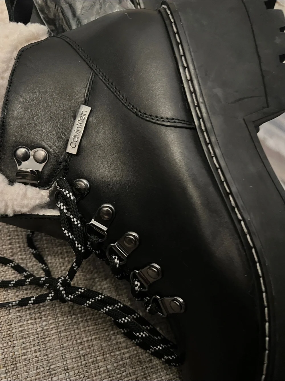 Calvin Klein Black Lace-Up Leather Shearling Trim Winter Boots sz 7.5 NWOT